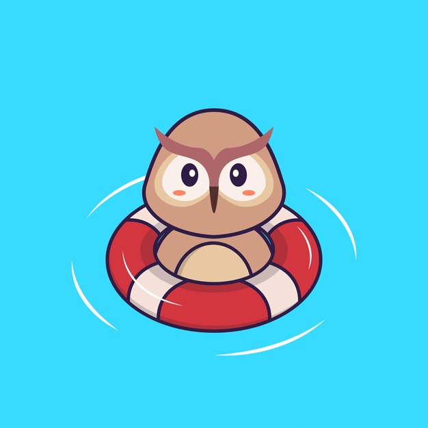 Búho lindo está nadando con una boya Concepto de dibujos animados de animales aislado