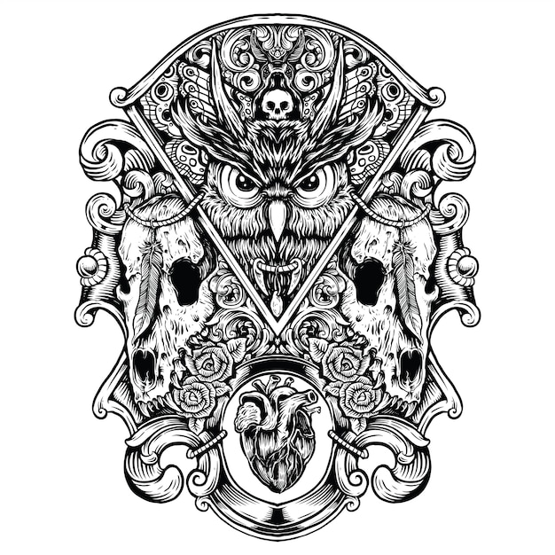 Búho malvado con calaveras de wold, dibujo a mano, combinación de ilustraciones, ilustración en blanco y negro