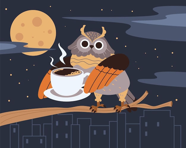 Búho pájaro bebida café té bebida caliente tarde en la noche concepto diseño gráfico ilustración elemento