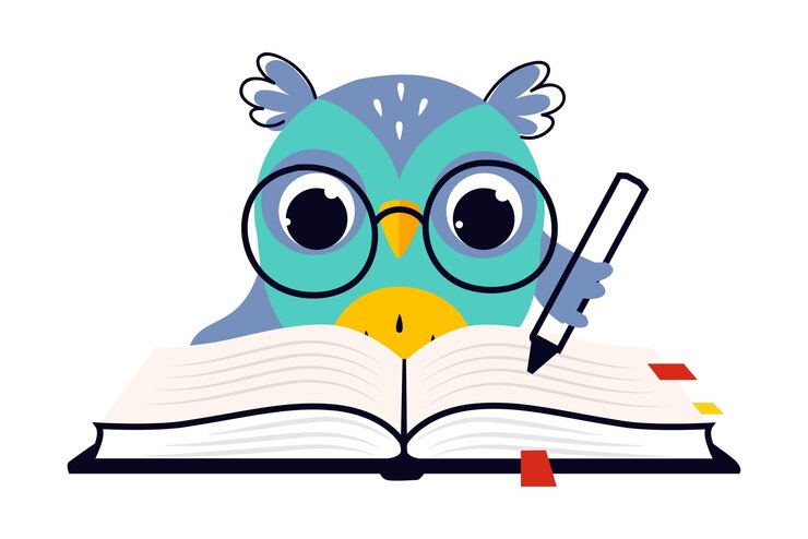 Vector el búho sabio con gafas, el pájaro lindo, el maestro, el personaje de dibujos animados, la escritura con pluma en el cuaderno vectorial.