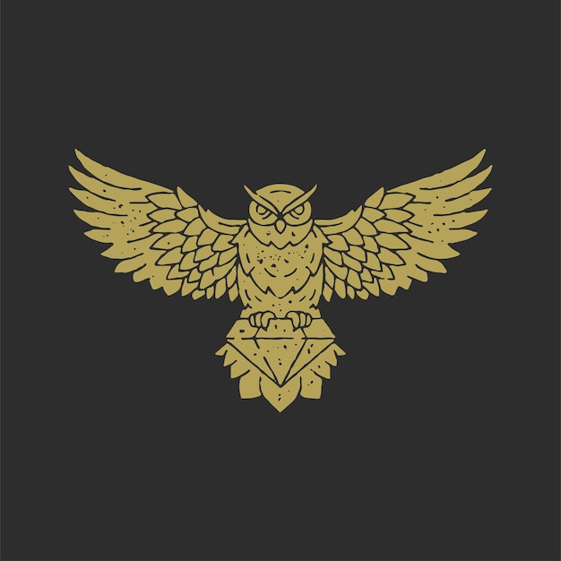 Búho volador antiguo con textura grunge de diamante silueta dorada ilustración vectorial Logotipo minimalista pájaro salvaje dibujado a mano que lleva gema símbolo místico de sabiduría y conocimiento diseño decorativo en negro
