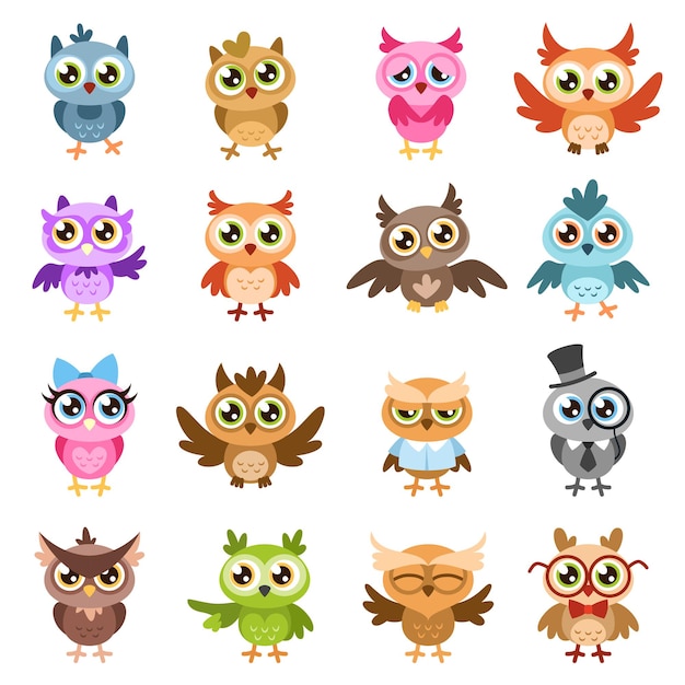 Vector búhos. color lindo búho sabio pegatinas, cumpleaños niños ducha divertidos pájaros del bosque con diferentes gestos vector conjunto aislado de personajes de dibujos animados planos