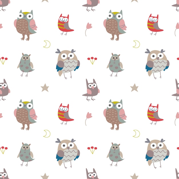 Buhos colores pastel de patrones sin fisuras ilustración vectorial estilo plano minimalista con aves silvestres