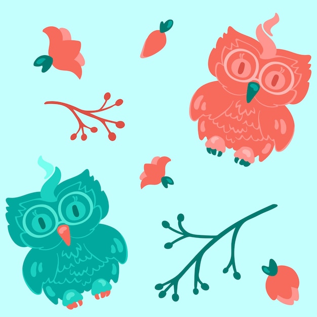 Búhos coloridos divertidos con gafas, flores y ramitas de patrones sin fisuras. Ilustración vectorial dibujada a mano