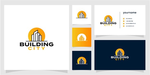 Building City logo vector y tarjeta de visita icono ilustración diseño Vector Premium