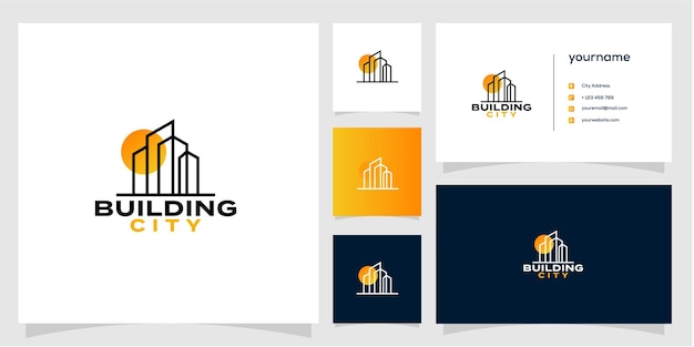 Building City logo vector y tarjeta de visita icono ilustración diseño Vector Premium