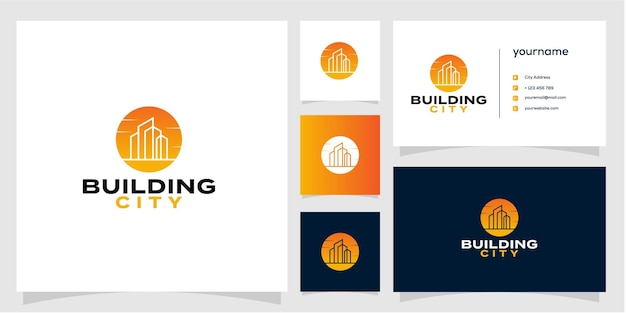 Building City logo vector y tarjeta de visita icono ilustración diseño Vector Premium