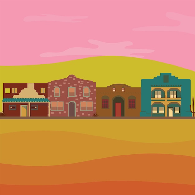 Vector building_set_southwest_group_spanishhouse_mudhut_southamerican_desert_sunset