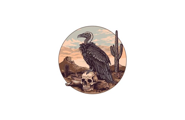 un buitre de pie en un cráneo tendido en el suelo contra un telón de fondo de cactus tierra ilustración vectorial