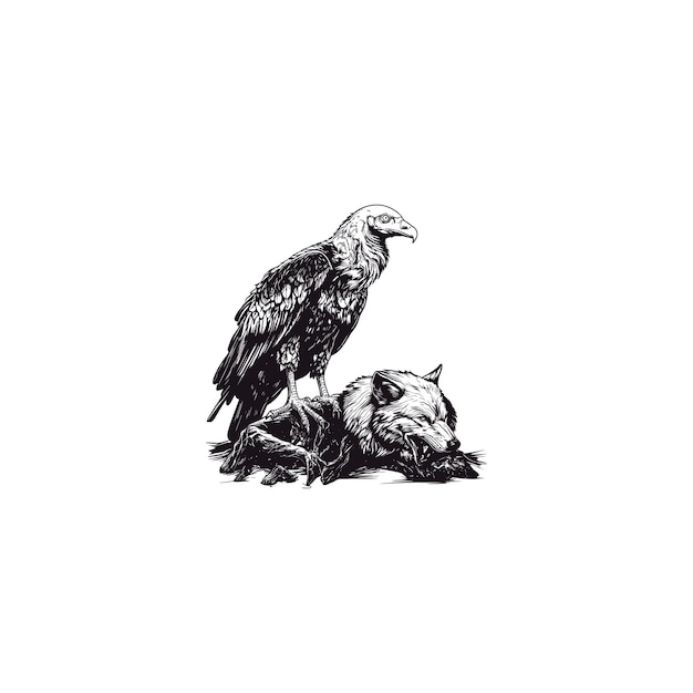 Un buitre de pie sobre el cadáver de un lobo Ilustración de plantilla vectorial de diseño