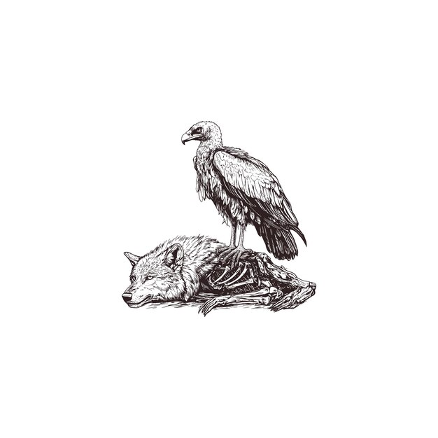 Un buitre de pie sobre el cadáver de un lobo Ilustración de plantilla vectorial de diseño