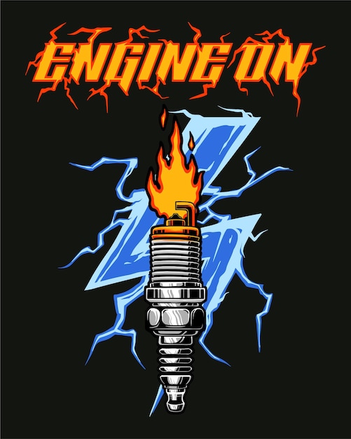 Bujía del motor con fondo de relámpagos