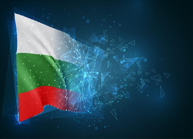 Bulgaria, bandera, objeto virtual abstracto 3D de polígonos triangulares sobre un fondo azul.