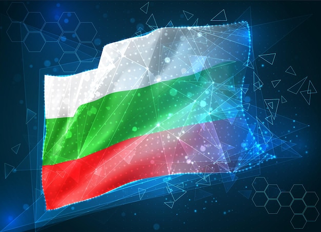 Bulgaria, bandera de vectores, objeto virtual abstracto 3D de polígonos triangulares sobre un fondo azul.