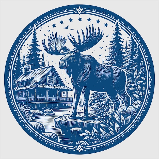 Bull Moose caza de vida silvestre Moose En las montañas árbol de origen Moose vector de registro rústico