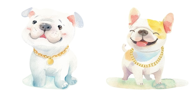 Un bulldog con una cadena de oro en acuarela Ilustración vectorial 1