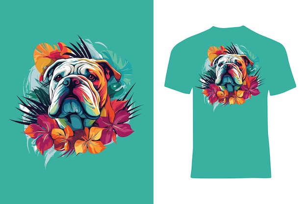 Bulldog colorido con fondo de follaje tropical en diseño de camiseta de estilo vectorial