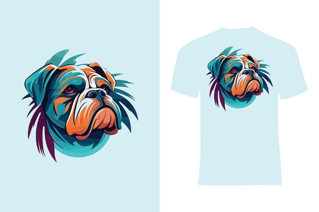 Bulldog colorido con fondo de follaje tropical en diseño de camiseta de estilo vectorial