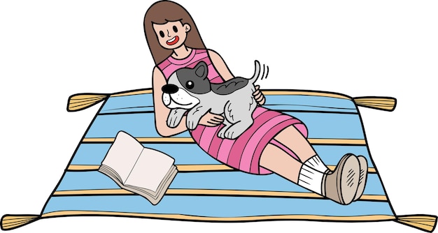 Bulldog francés dibujado a mano abrazado por la ilustración del propietario en estilo garabato