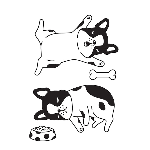 Vector bulldog francés durmiendo con dibujos animados de cuenco de comida de hueso