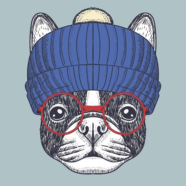 Bulldog francés con gafas rojas y gorro