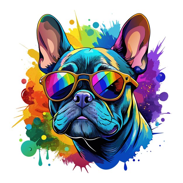 Vector bulldog francés con gafas de sol acuarela vibrante en blanco para camisetas y libros de cuentos