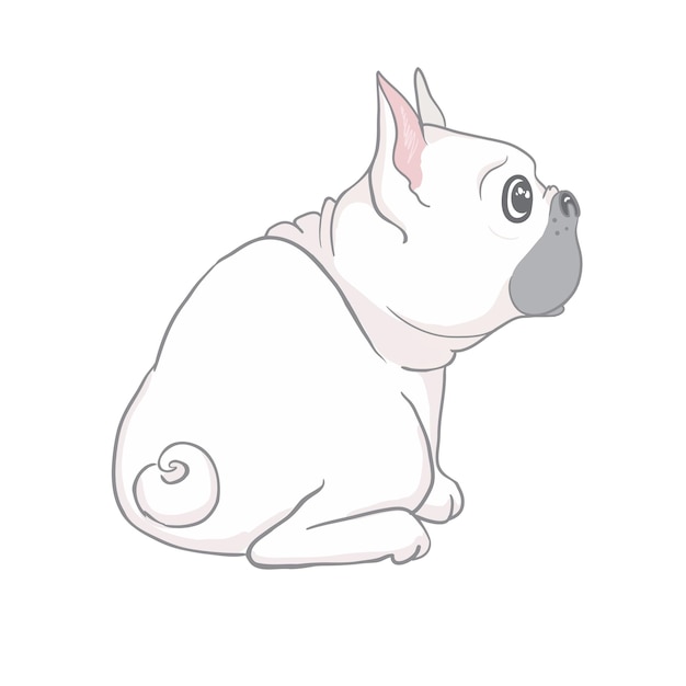 Bulldog francés lindo cachorro sentado con divertida inclinación de la cabeza ilustración de dibujos animados vectorial aislado en blanco