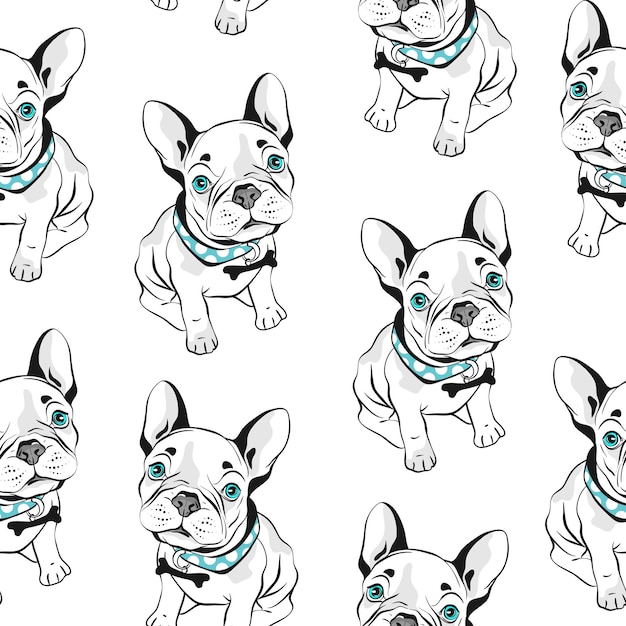 Vector bulldog francés de patrones sin fisuras sobre fondo blanco. ilustración vectorial perros divertidos dibujados a mano con ojos azules.