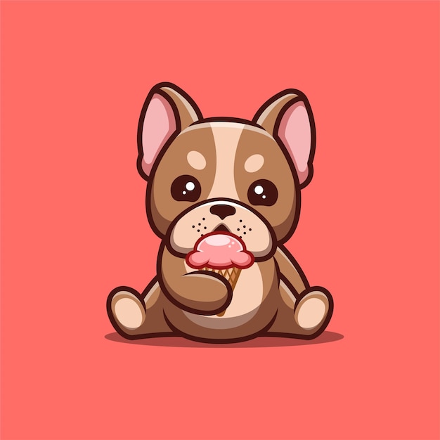 Bulldog Francés Sentado Comiendo Helado Cute Creative Kawaii Cartoon Mascot Logo