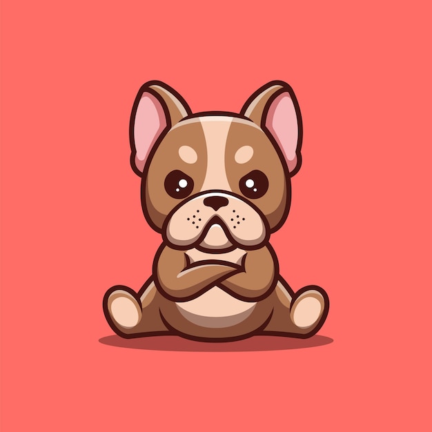 Bulldog Francés Sentado Enojado Lindo Kawaii Creativo Logotipo De Mascota De Dibujos Animados