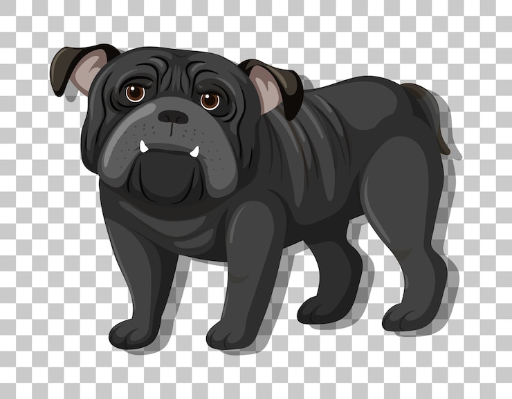 Vector bulldog negro en personaje de dibujos animados de posición de pie aislado sobre fondo transparente