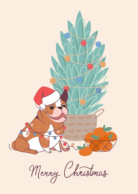 Bulldog perro gracioso en tarjeta de Navidad