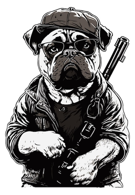 Bulldog, con, rifle de asalto, vector, perro, mascota
