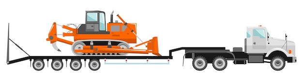 Bulldozer en Car Carrier Truck Icon en estilo plano Vector Illustration