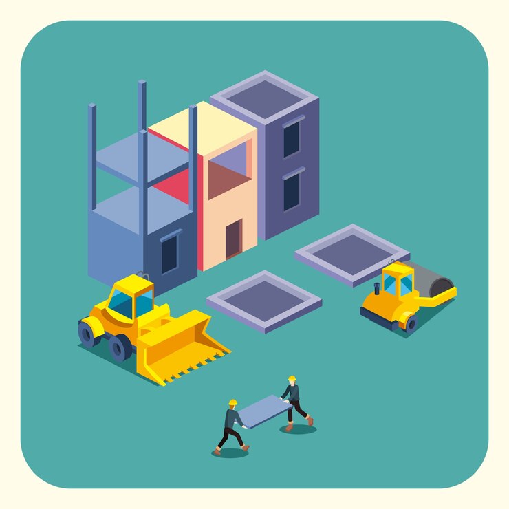 Vector bulldozer de construcción y diseño de icono de estilo isométrico de fábrica de remodelación de trabajo y reparación de tema