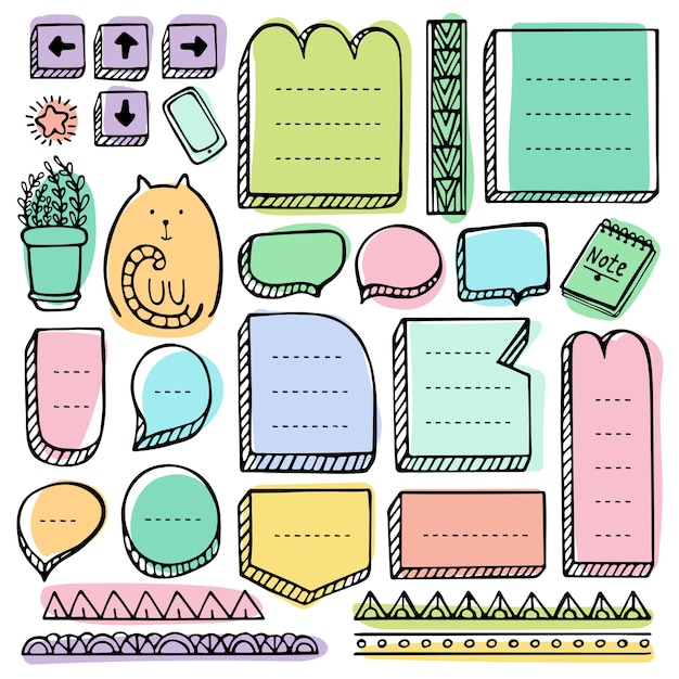 Bullet journal elementos vectoriales dibujados a mano para cuaderno, diario y planificador. Conjunto de marcos de Doodle aislado.