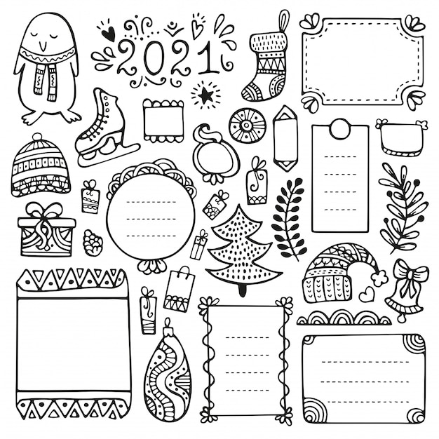 Bullet journal, Navidad, año nuevo e invierno elementos vectoriales dibujados a mano para notebook