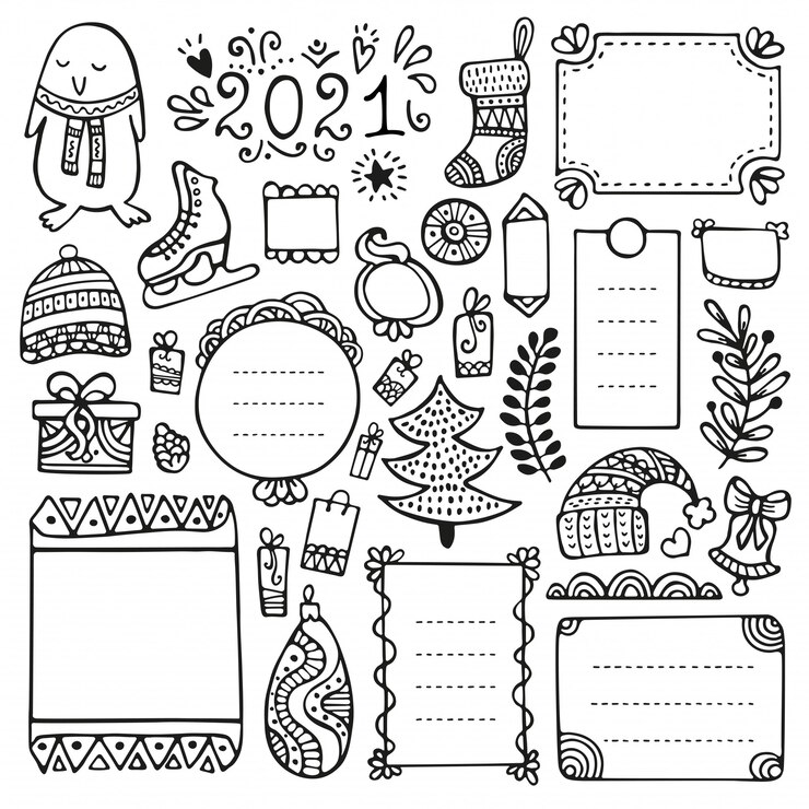 Vector bullet journal, navidad, año nuevo e invierno elementos vectoriales dibujados a mano para notebook