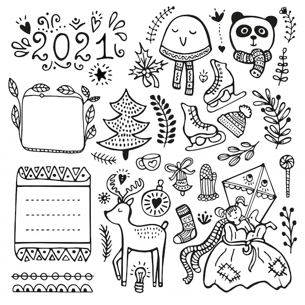 Bullet journal, Navidad, año nuevo e invierno elementos vectoriales dibujados a mano para notebook