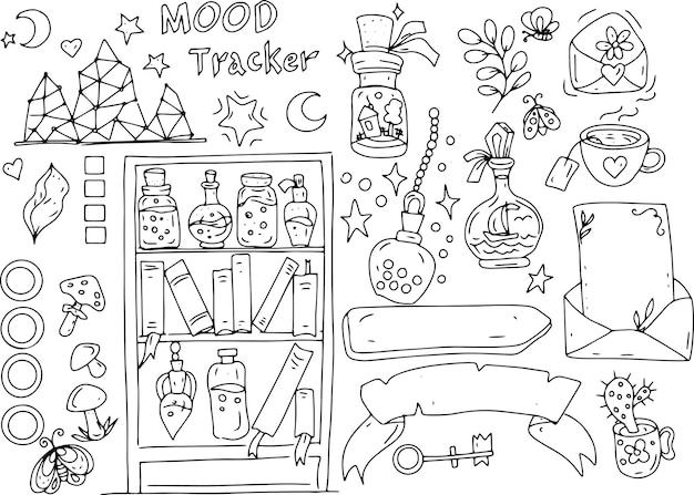 Bullet journal stickers espacios en blanco para diario libro para colorear para niños doodle sketch dibujado a mano | Vector Premium