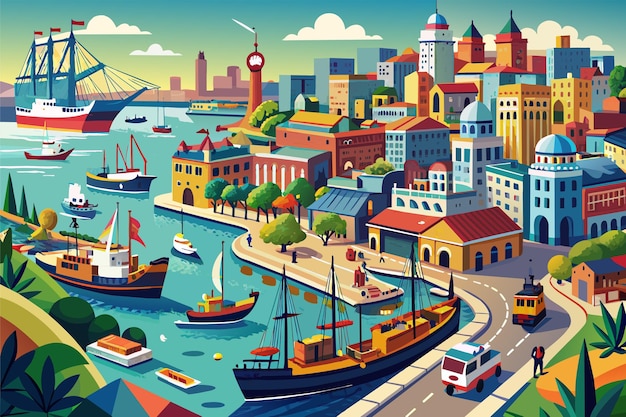 Vector una bulliciosa ciudad portuaria su puerto lleno de barcos y botes de todo el mundo
