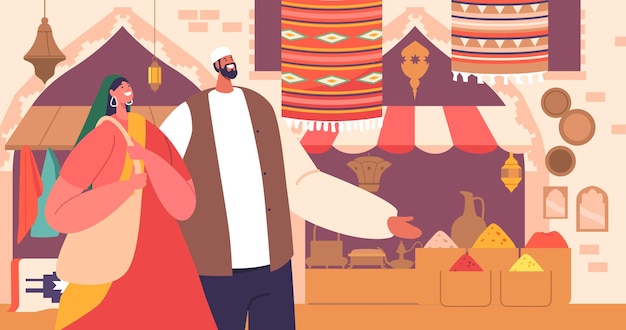 Bulliciosa escena del mercado árabe con puestos coloridos, gente regateando sobre bienes y especias aromáticas llenando el aire creando una atmósfera vibrante y culturalmente rica, personas de dibujos animados, ilustración vectorial