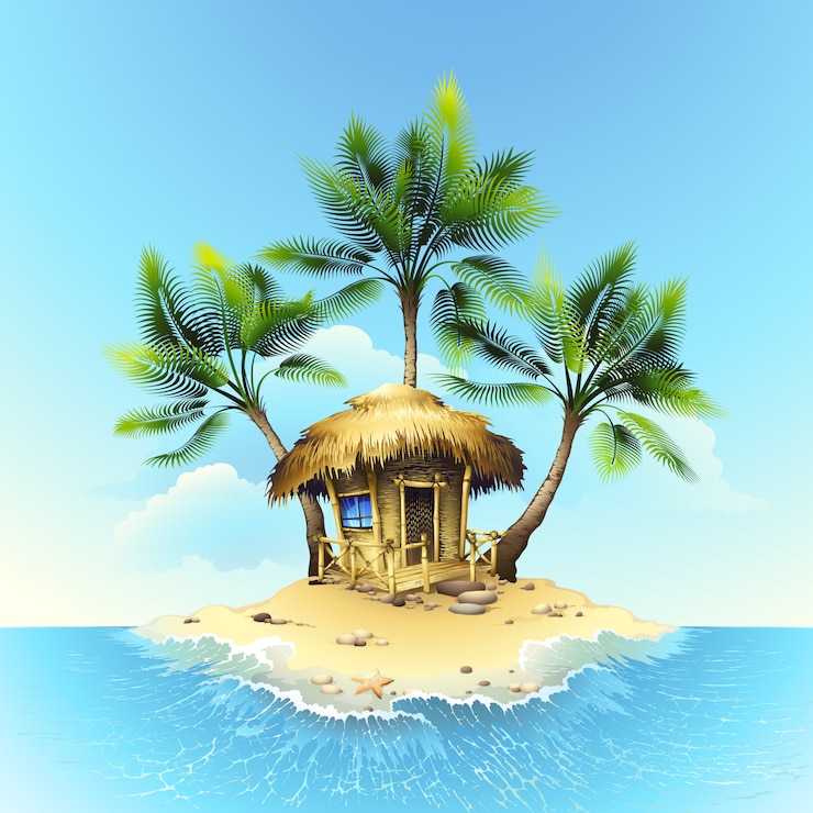 Vector bungalow tropical en isla en el océano