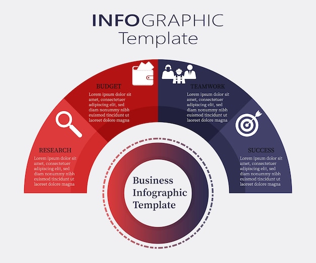 Buniness Infografía Plantilla Cuatro Proceso de Trabajo Medio Círculo Publicidad Gráfico Presentación