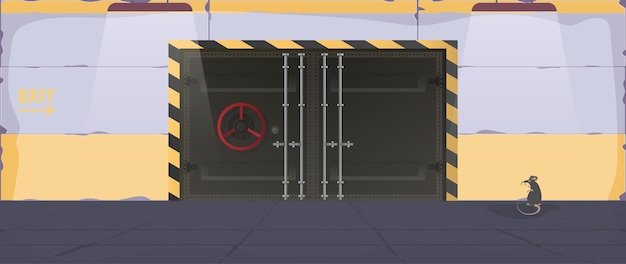 Búnker de estilo plano. Grandes puertas metálicas del búnker. Puerta blindada. Vector.