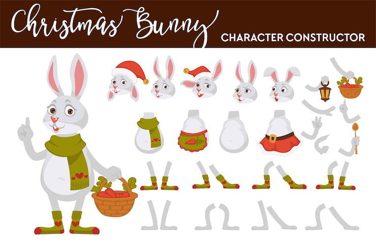 Vector bunny christmas character aislado partes del cuerpo y accesorios