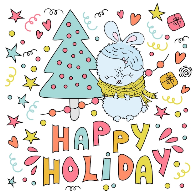 BUNNY NEW YEAR Comic Cartoon Vector Illustration Set