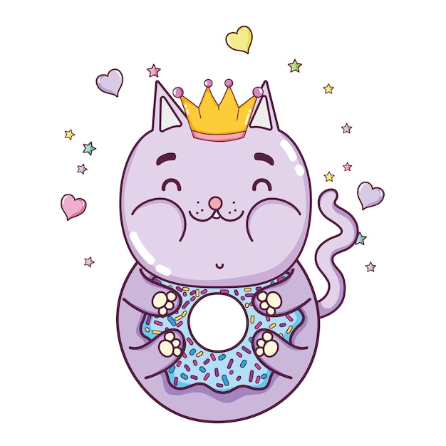 Vector buñuelo de gato gracioso kawaii con corazones y estrellas