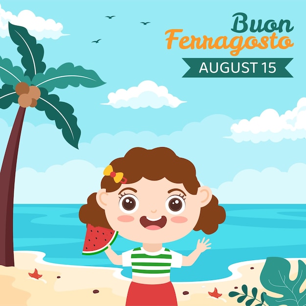 Buon ferragosto plantilla plano dibujos animados fondo vector ilustración