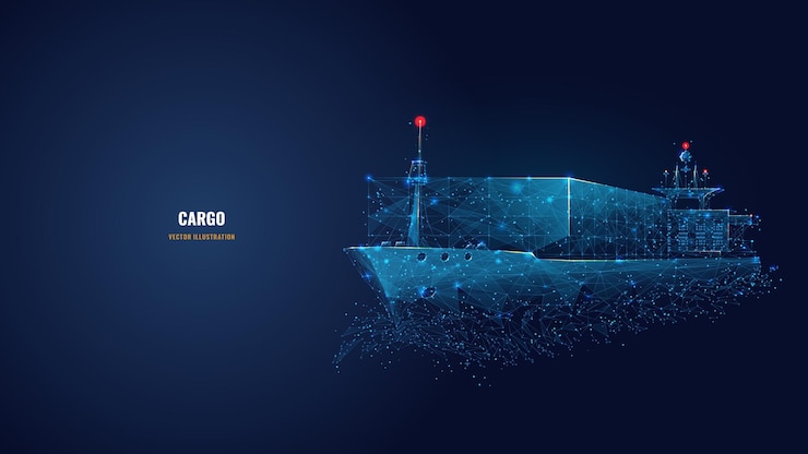 Vector buque de carga 3d polivinílico bajo abstracto aislado en fondo azul oscuro transporte de buques portacontenedores